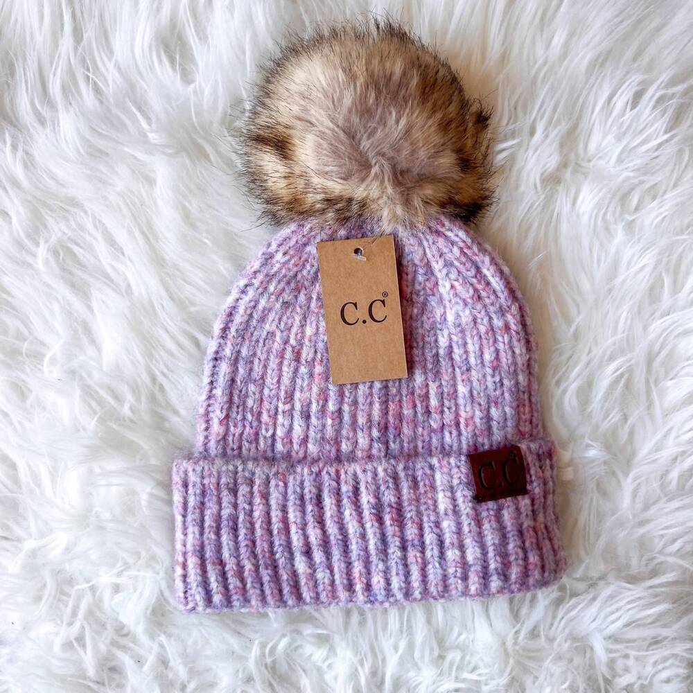 NEW CC BEANIES women's soft ribbed fur pom beanie in cotton candy